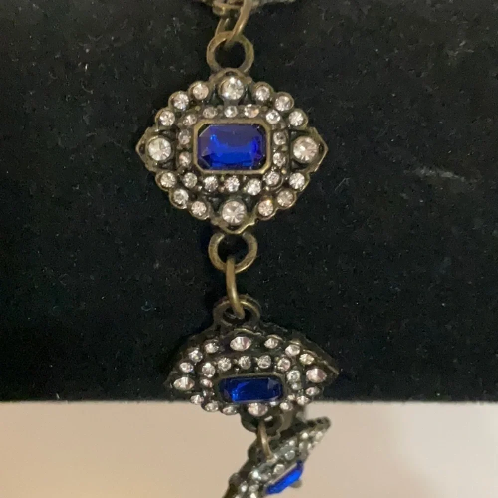 Hand Crafted Bracelet Blue Crystals Clear Rhinestones Bronze Magnetic Clasp